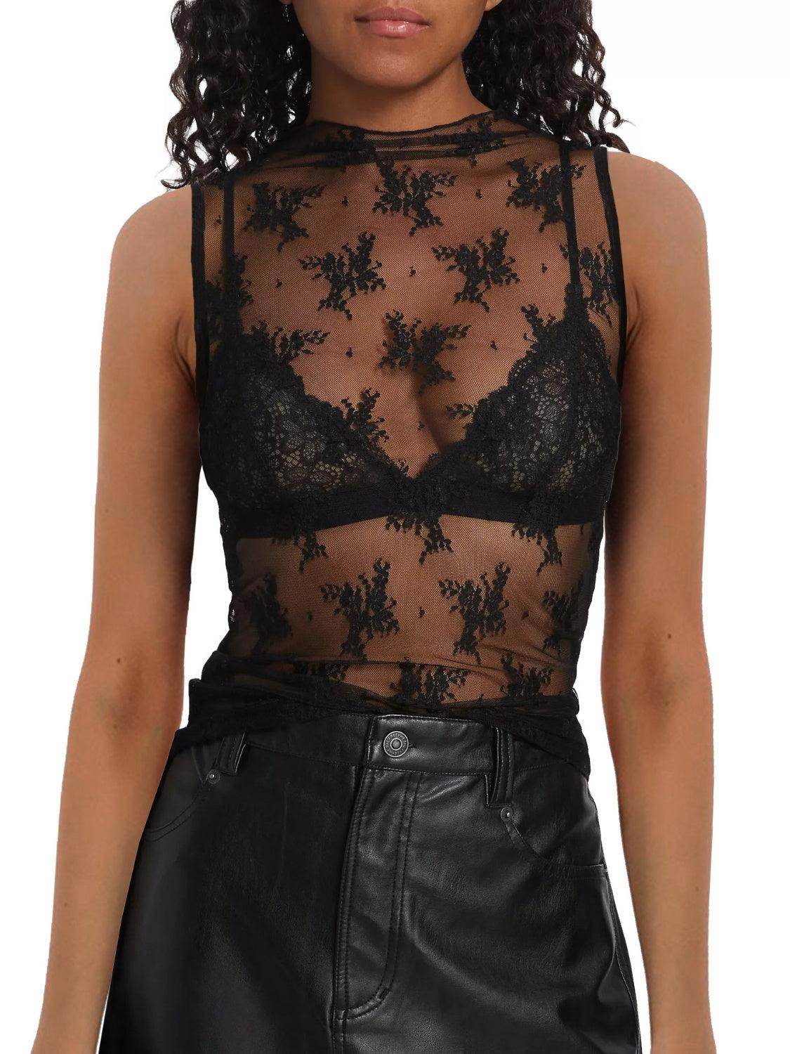 Lace Mock Neck Top for Women in Sheer Polyester Style - Selvanelle