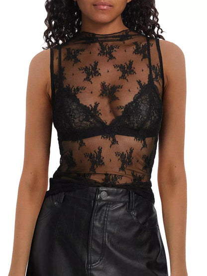 Lace Mock Neck Top for Women in Sheer Polyester Style - Selvanelle