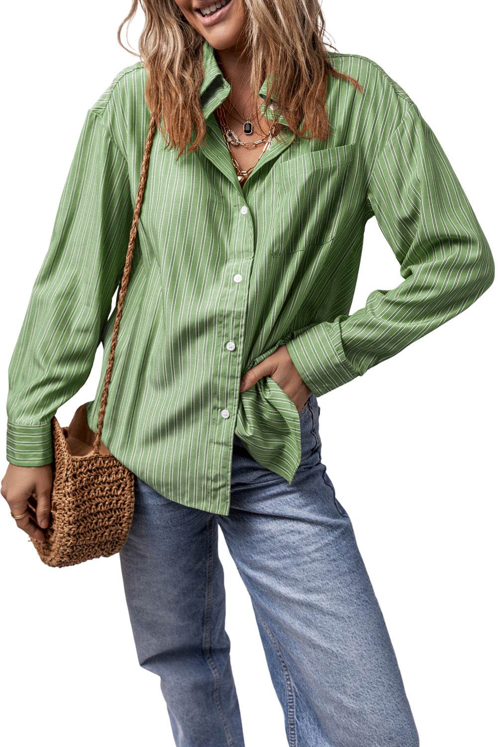 Striped Button Up Long Sleeve Shirt - Selvanelle
