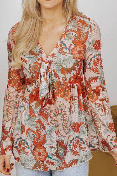 Floral V-Neck Flare Sleeve Blouse for Women Casual Style - Selvanelle