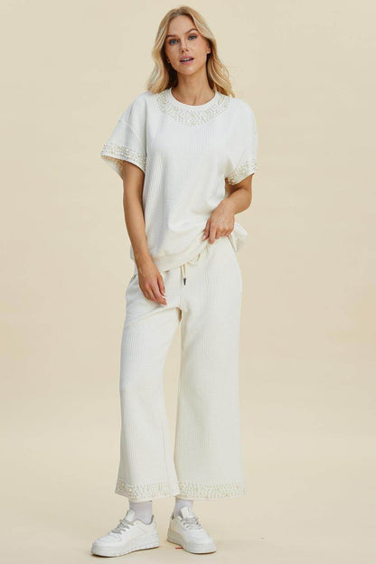 Double Take Full Size Pearl Detail Round Neck Top Pants Set - Selvanelle