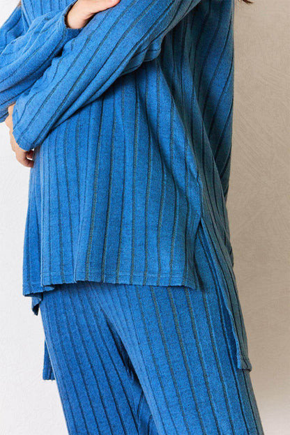 Basic Bae Full Size Ribbed Round Neck High-Low Slit Top Set - Selvanelle
