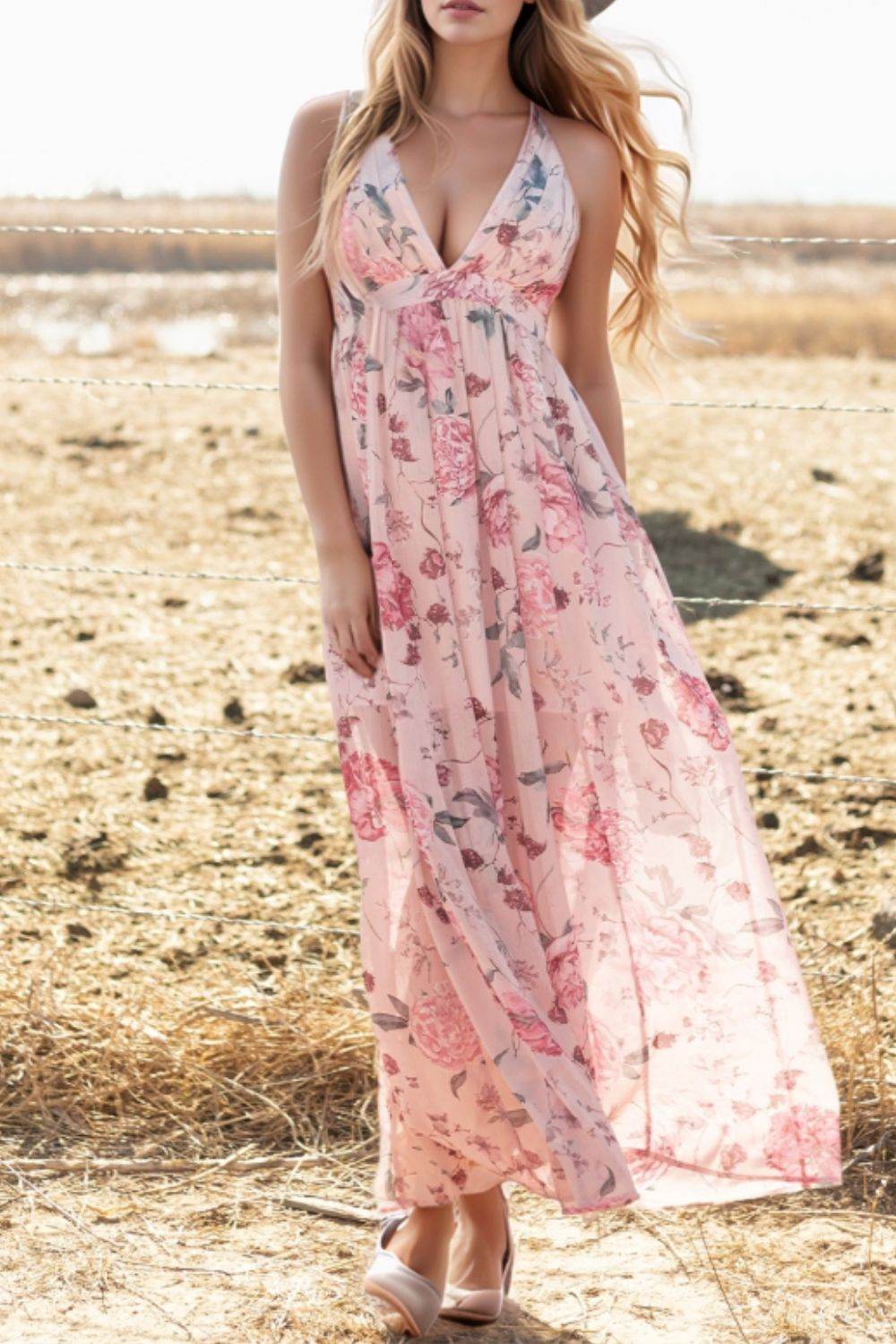 Floral Pleated Deep V Backless Maxi Dress - Selvanelle