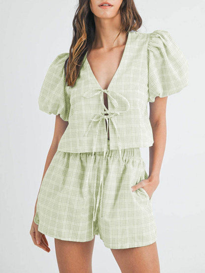 V-Neck Puff Sleeve Top and Shorts Set for Women Fashion - Selvanelle