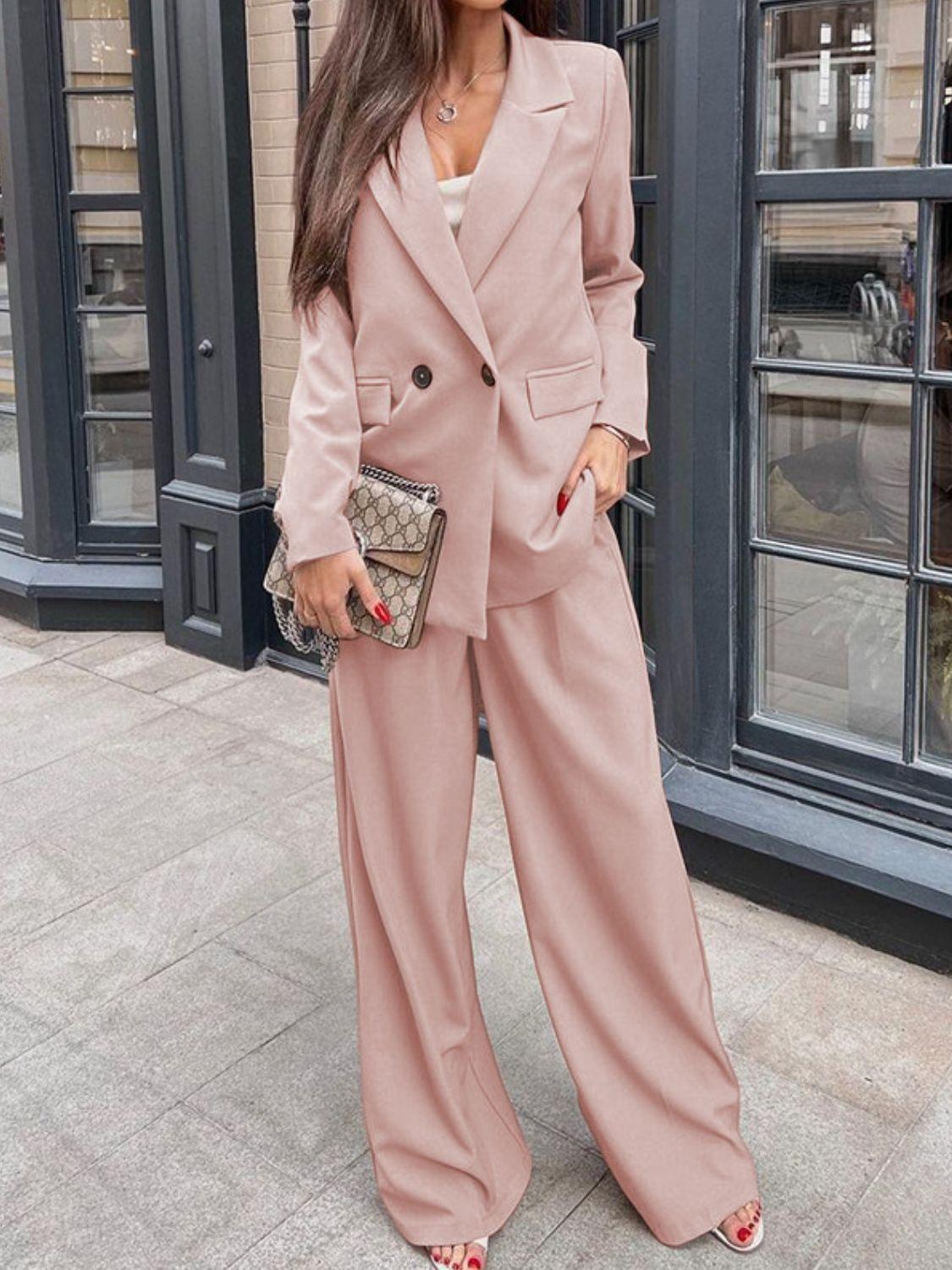 Buttoned Lapel Collar Long Sleeve Blazer and Pants Set for Women