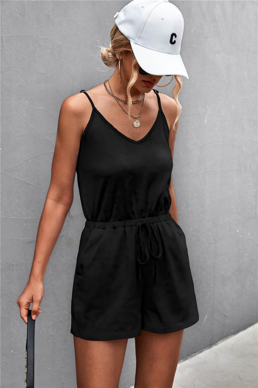 Spaghetti Strap V-Neck Pocket Romper - Selvanelle