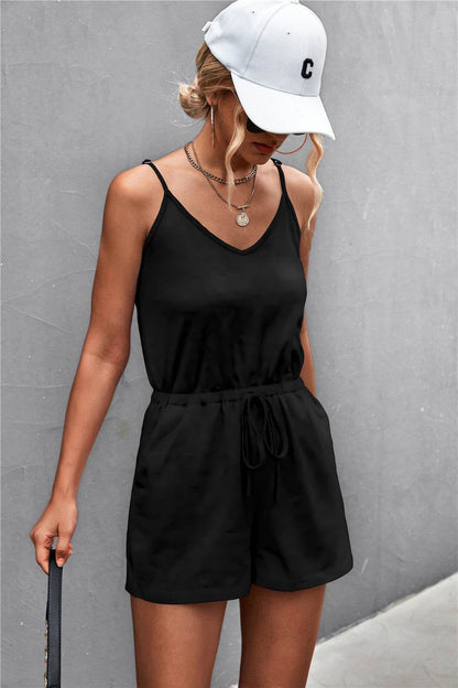 Spaghetti Strap V-Neck Pocket Romper - Selvanelle