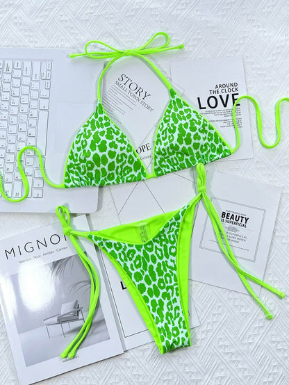 Leopard Print Halter Neck Tie Side Bikini Set - Selvanelle