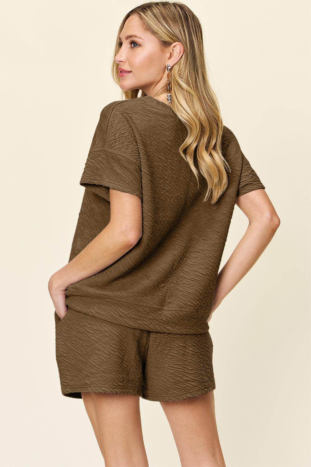 Double Take Full Size Texture Short Sleeve T-Shirt and Drawstring Shorts Set - Selvanelle