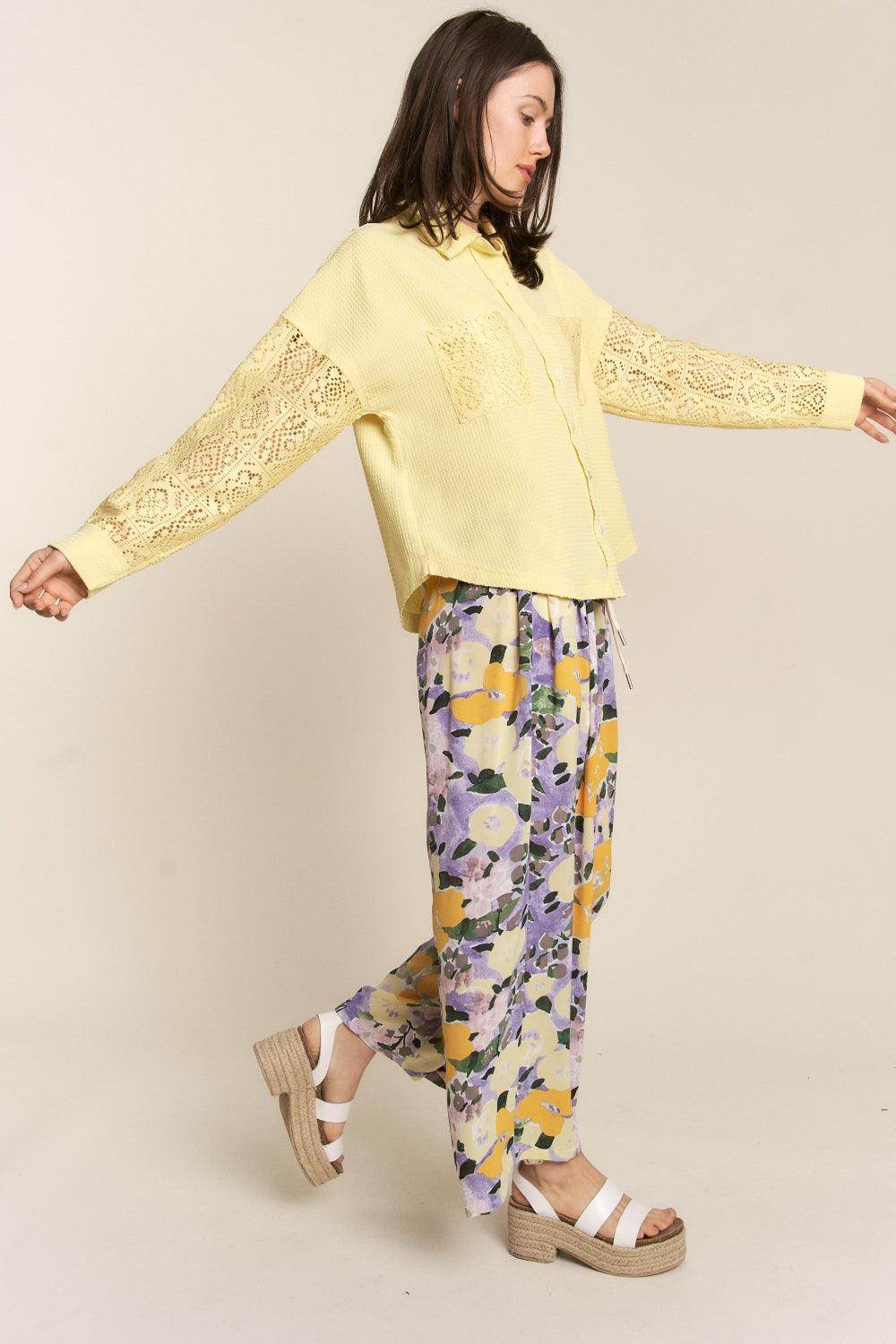 J.NNA Button Down Lace Long Sleeve Waffle Shirt for Women - Selvanelle
