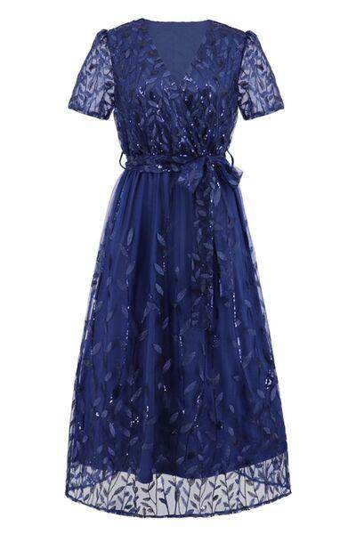 Sequin Leaf Embroidery Tie Front Short Sleeve Dress for Women - Selvanelle