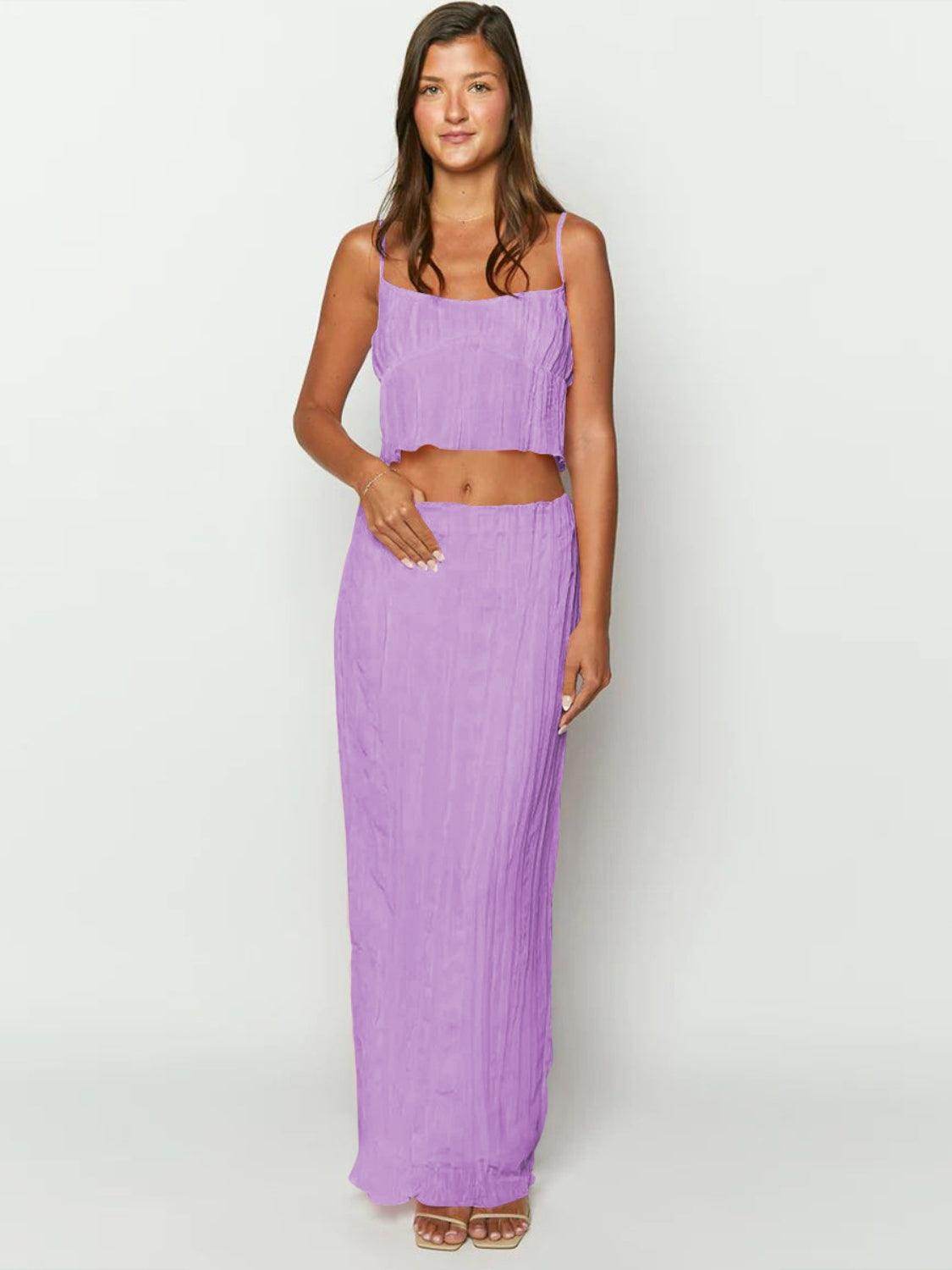 Square Neck Sleeveless Top and Ruched Skirt Set for Women - Selvanelle