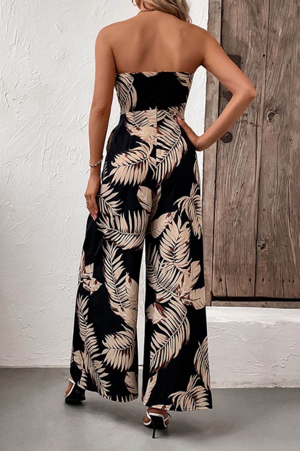 Perfee Printed Strapless Wide Leg Jumpsuit with Pockets - Selvanelle
