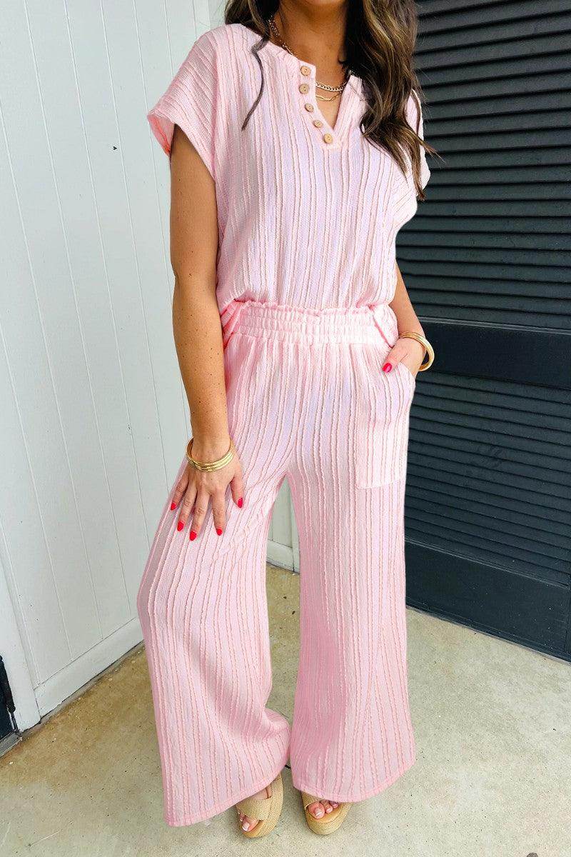 Textured Short Sleeve Top and Pocketed Wide Leg Pants Set - Selvanelle
