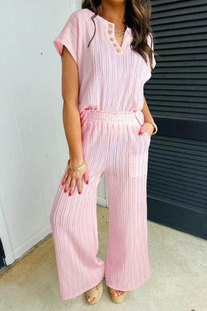 Textured Short Sleeve Top and Pocketed Wide Leg Pants Set - Selvanelle