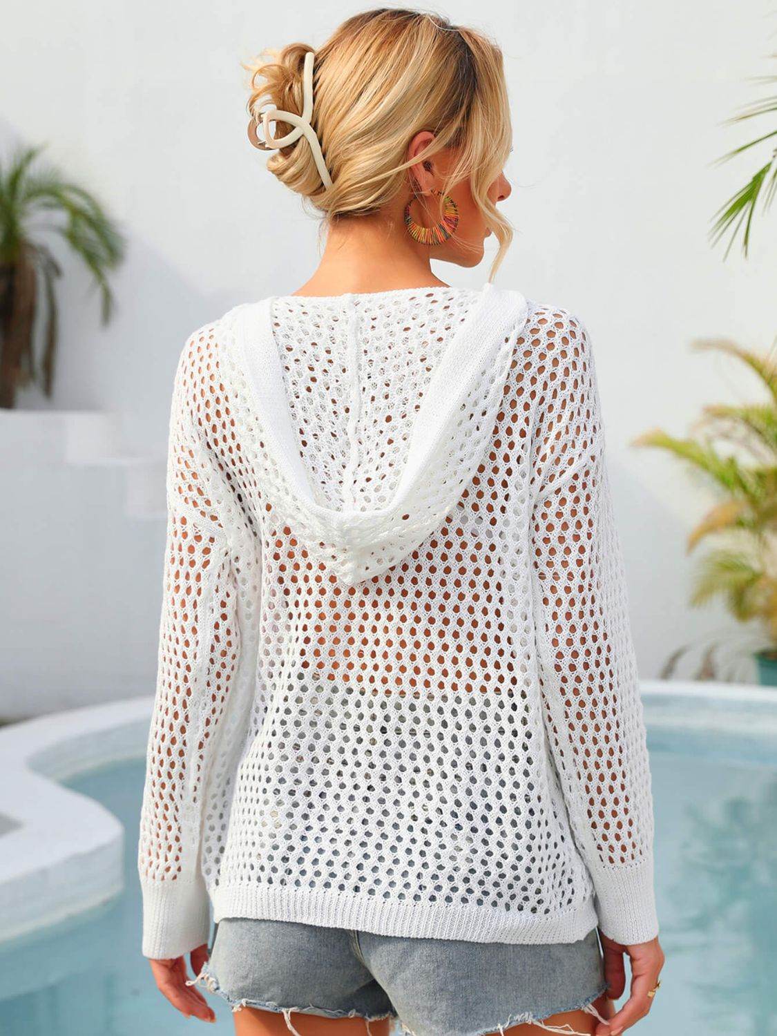 Angel Wings Flower Graphic Lace-Up Openwork Hooded Cover Up - Selvanelle