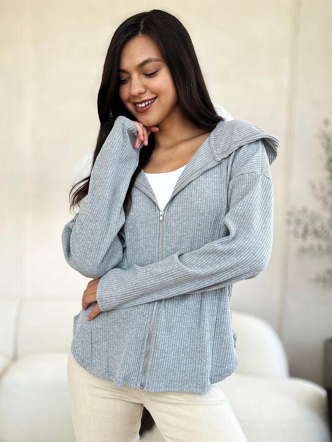Culture Code Full Size Ribbed Zip Up Hooded Jacket - Selvanelle
