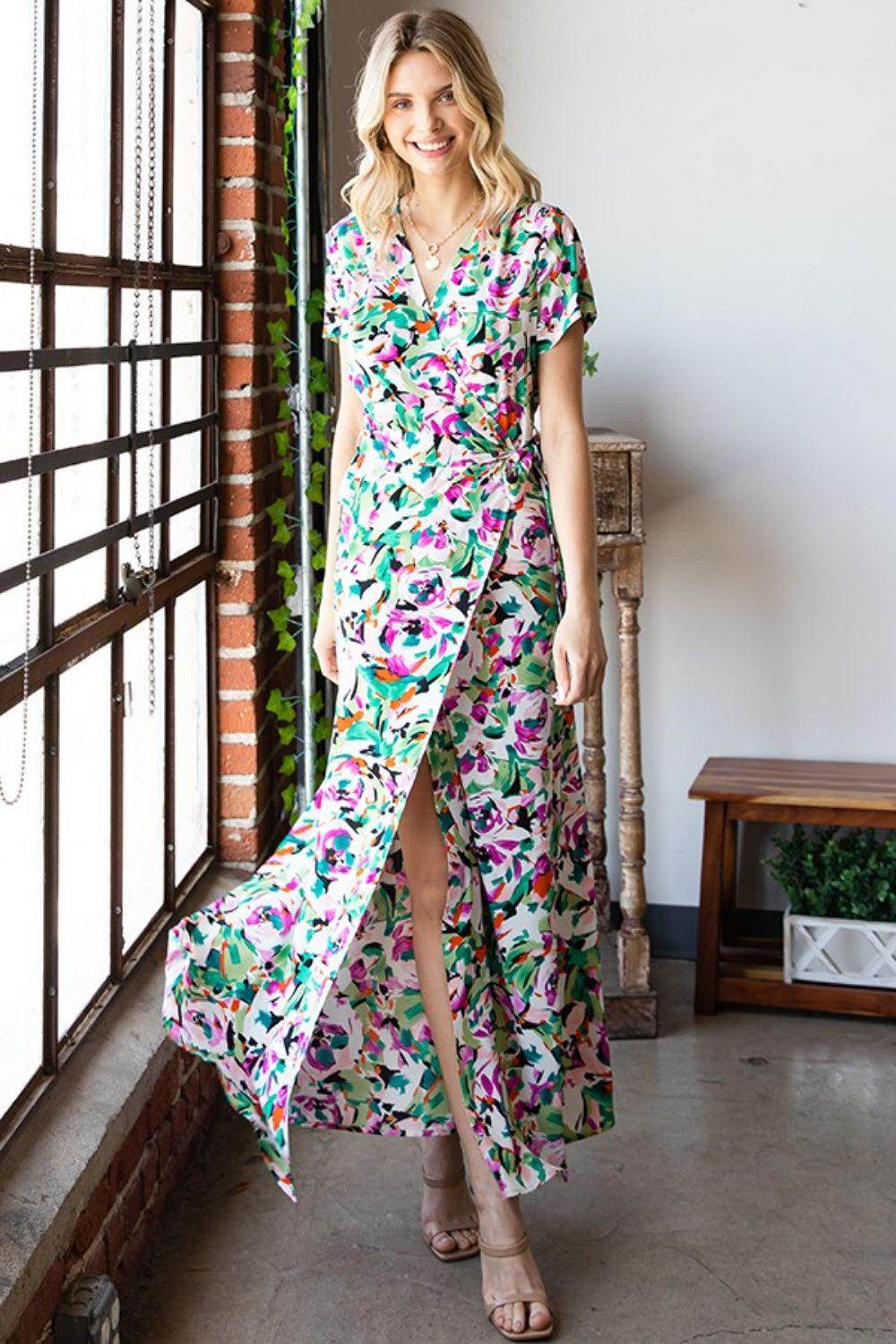First Love Slit Printed Surplice Tie Waist Dress for Women - Selvanelle