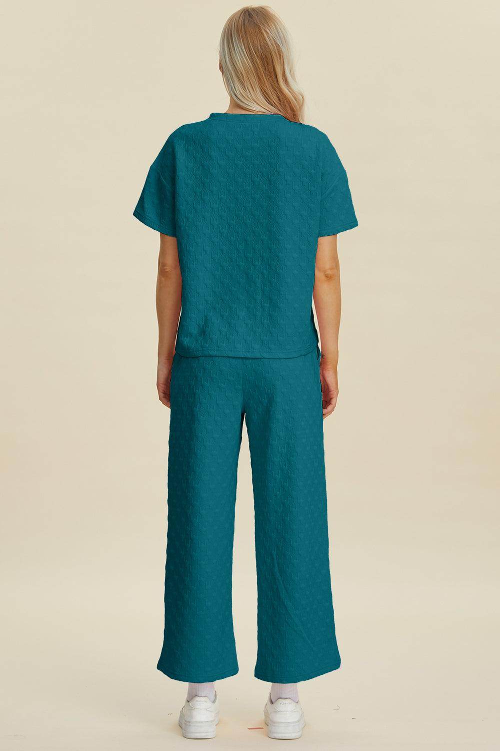 Double Take Full Size Texture Round Neck Top and Pants Set - Selvanelle