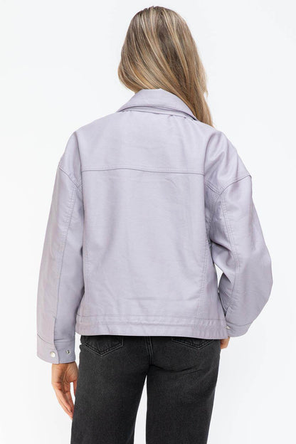 How Dare U Drawstring Hem PU Leather Zip Up Jacket Women - Selvanelle