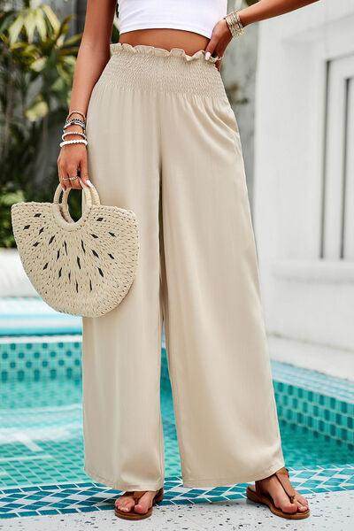 Devine Smocked Wide Leg Pants with Pockets for Women - Selvanelle