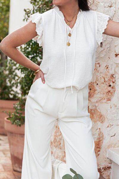 Ruffled Tie Neck Cap Sleeve Blouse for Stylish Women - Selvanelle