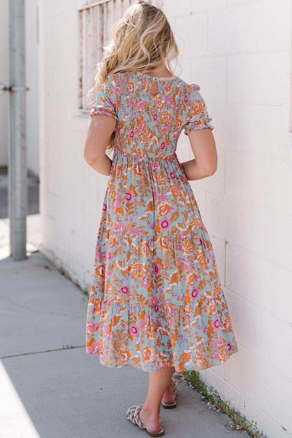 Floral Flounce Sleeve Round Neck Midi Dress for Women - Selvanelle