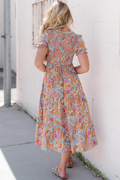 Floral Flounce Sleeve Round Neck Midi Dress for Women - Selvanelle