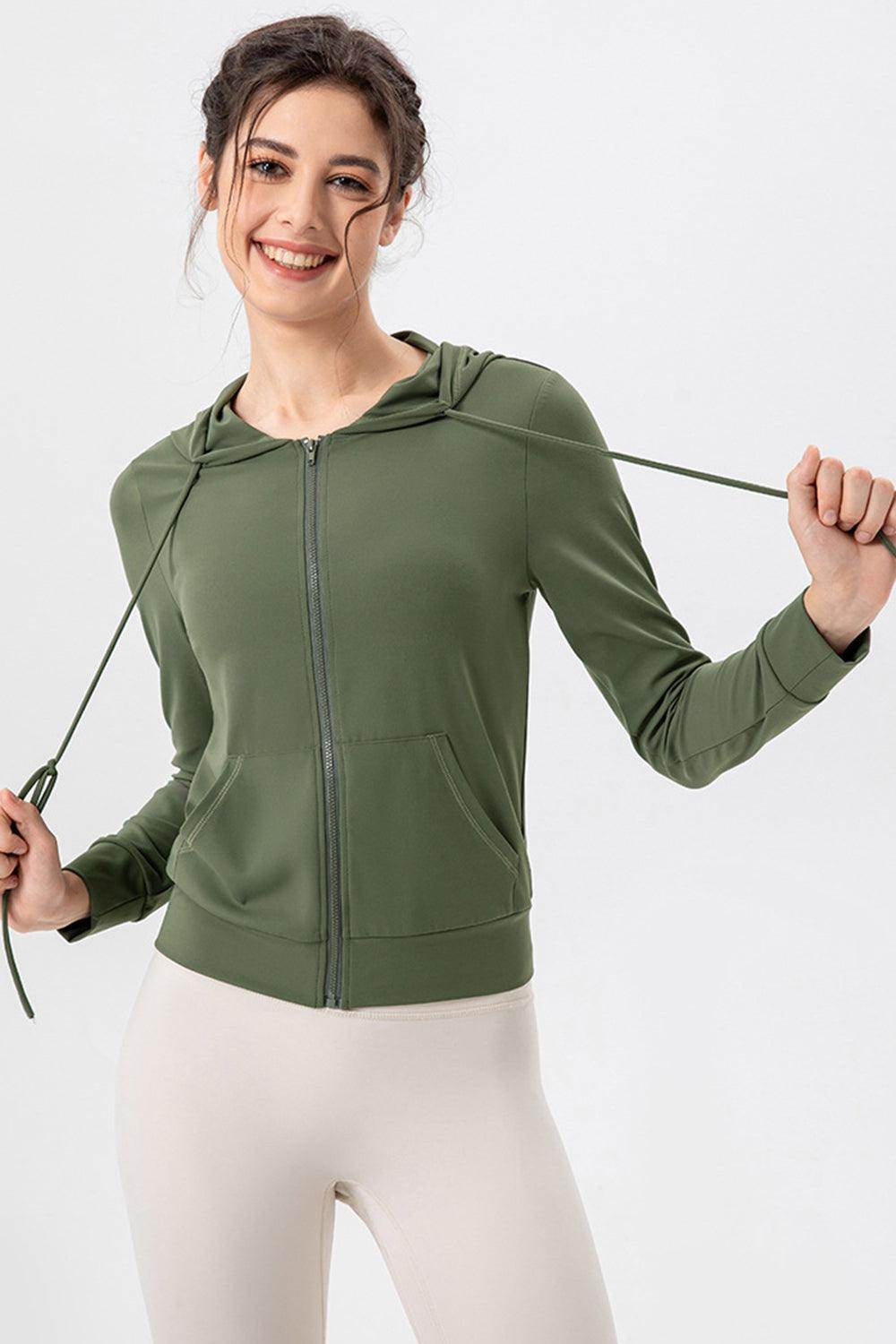 Drawstring Zip Up Hooded Active Outerwear for Women - Selvanelle