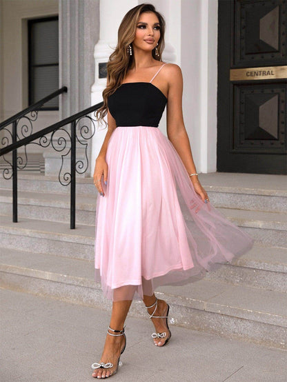 Chic Two-Tone Spaghetti Strap Mesh Dress for Casual Wear - Selvanelle