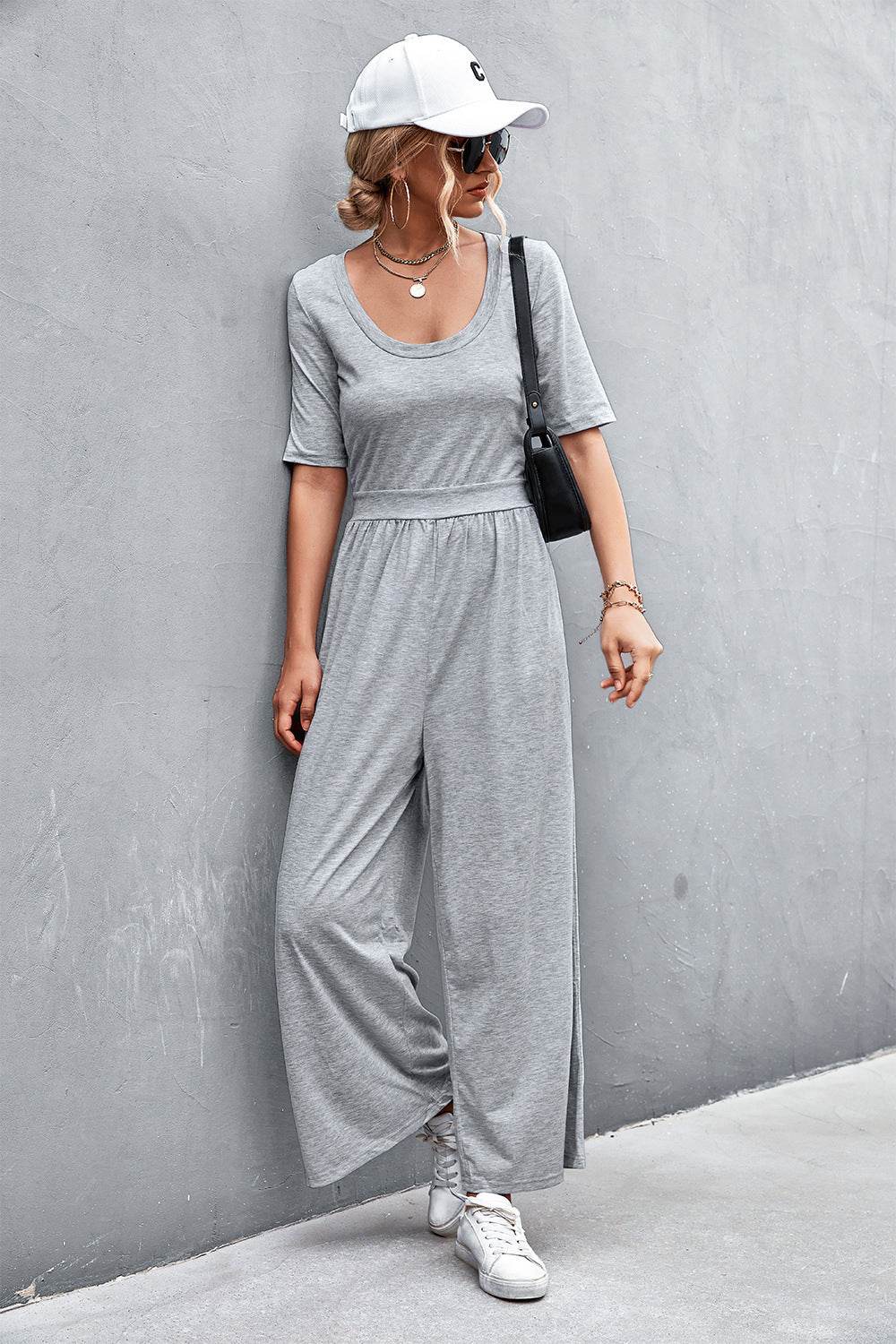 Scoop Neck Half Sleeve Wide Leg Jumpsuit - Selvanelle