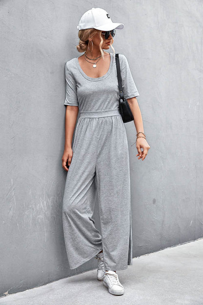 Scoop Neck Half Sleeve Wide Leg Jumpsuit - Selvanelle