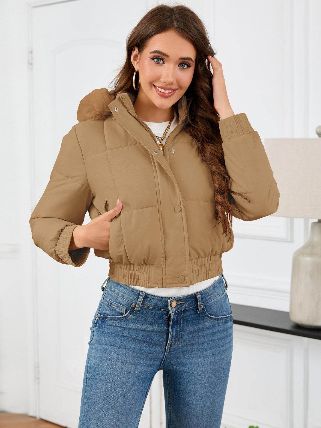 Pocketed Long Sleeve Cropped Hooded Winter Coat for Women - Selvanelle