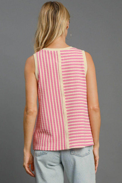 Umgee Round Neck Texture Striped Tank for Casual Style - Selvanelle