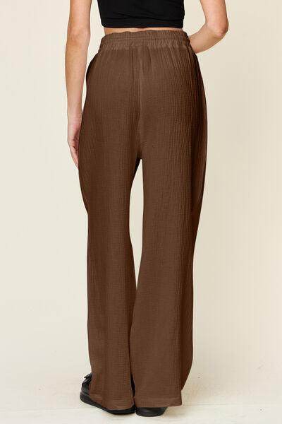 Double Take Full Size Texture Drawstring Wide Leg Pants - Selvanelle