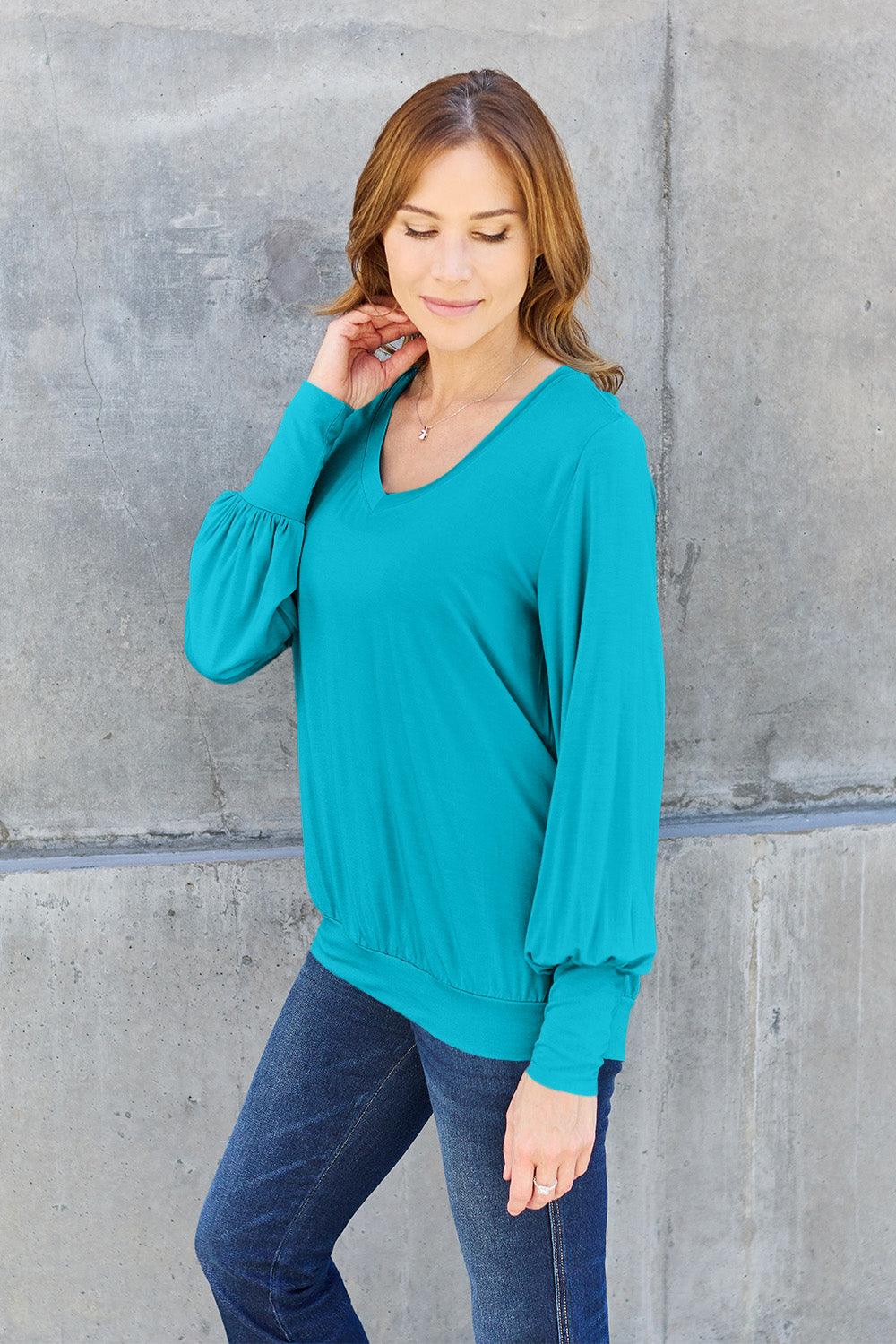 Basic Bae Full Size V-Neck Lantern Sleeve Top for Women