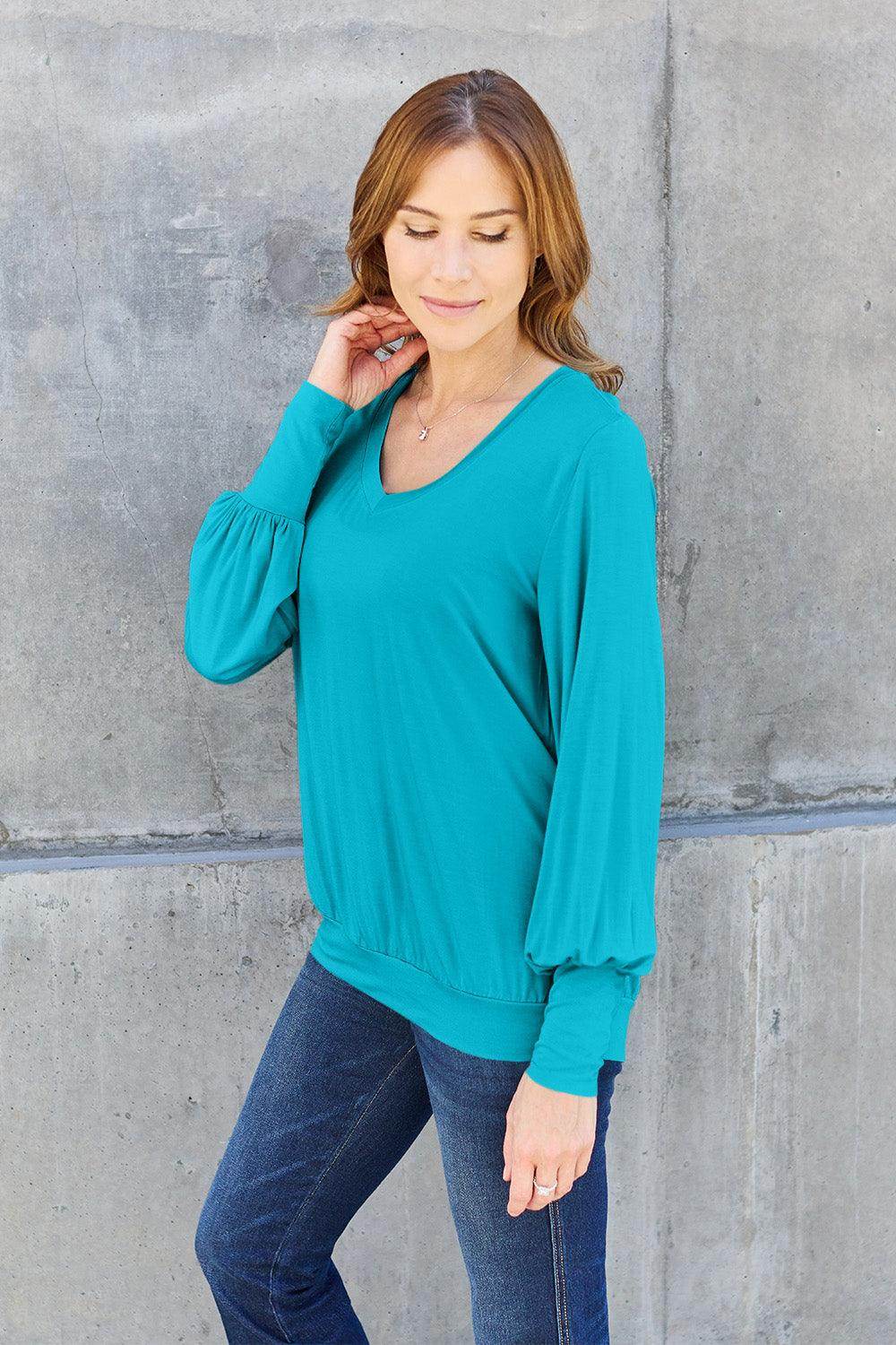 Basic Bae Full Size V-Neck Lantern Sleeve Top for Women - Selvanelle