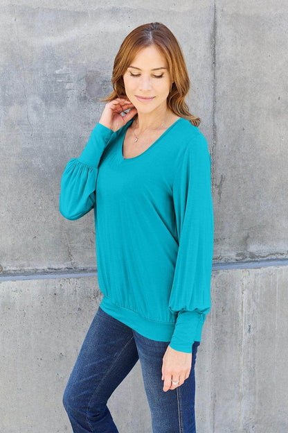 Basic Bae Full Size V-Neck Lantern Sleeve Top for Women - Selvanelle