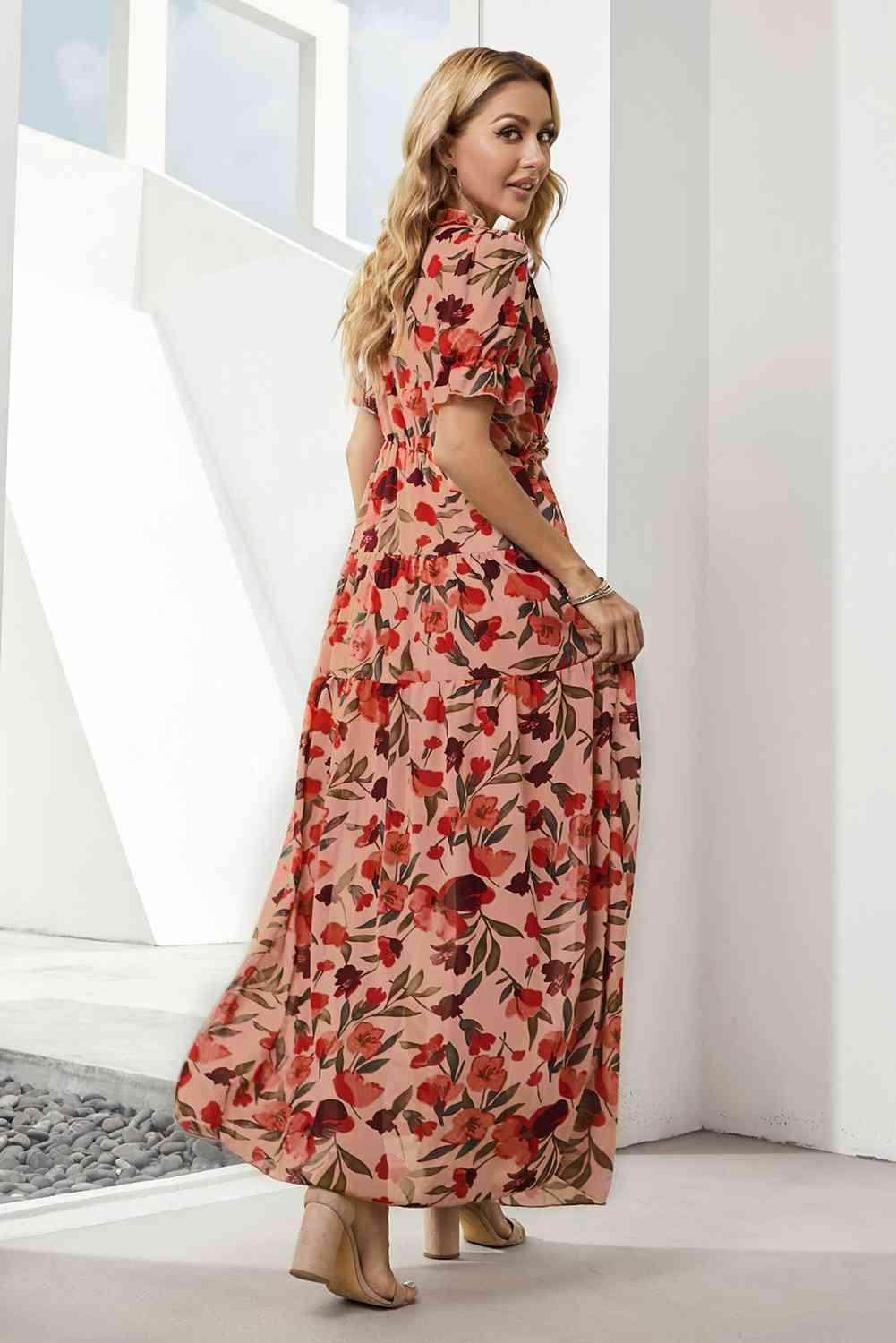 Floral V-Neck Short Flounce Sleeve Dress for Women - Selvanelle