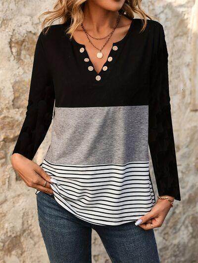 Notched Long Sleeve T-Shirt with Decorative Button Detail - Selvanelle
