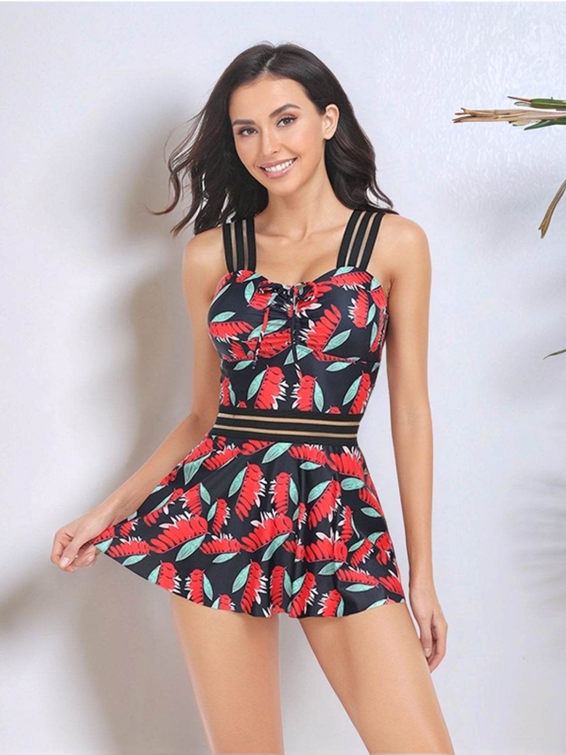 Ruched Printed Sweetheart Neck Two-Piece Swim Set - Selvanelle
