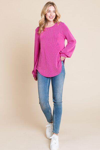 BOMBOM Long Sleeve Curved Hem Ribbed T-Shirt for Women - Selvanelle