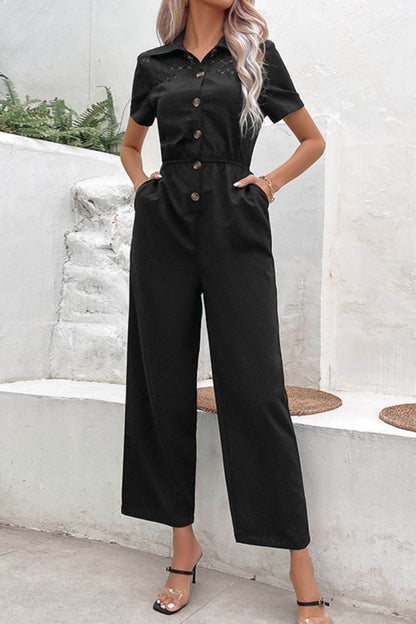 Perfee Collared Neck Short Sleeve Jumpsuit - Selvanelle