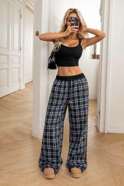 Plaid Wide Leg Pants with Drawstring and Sheer Style - Selvanelle