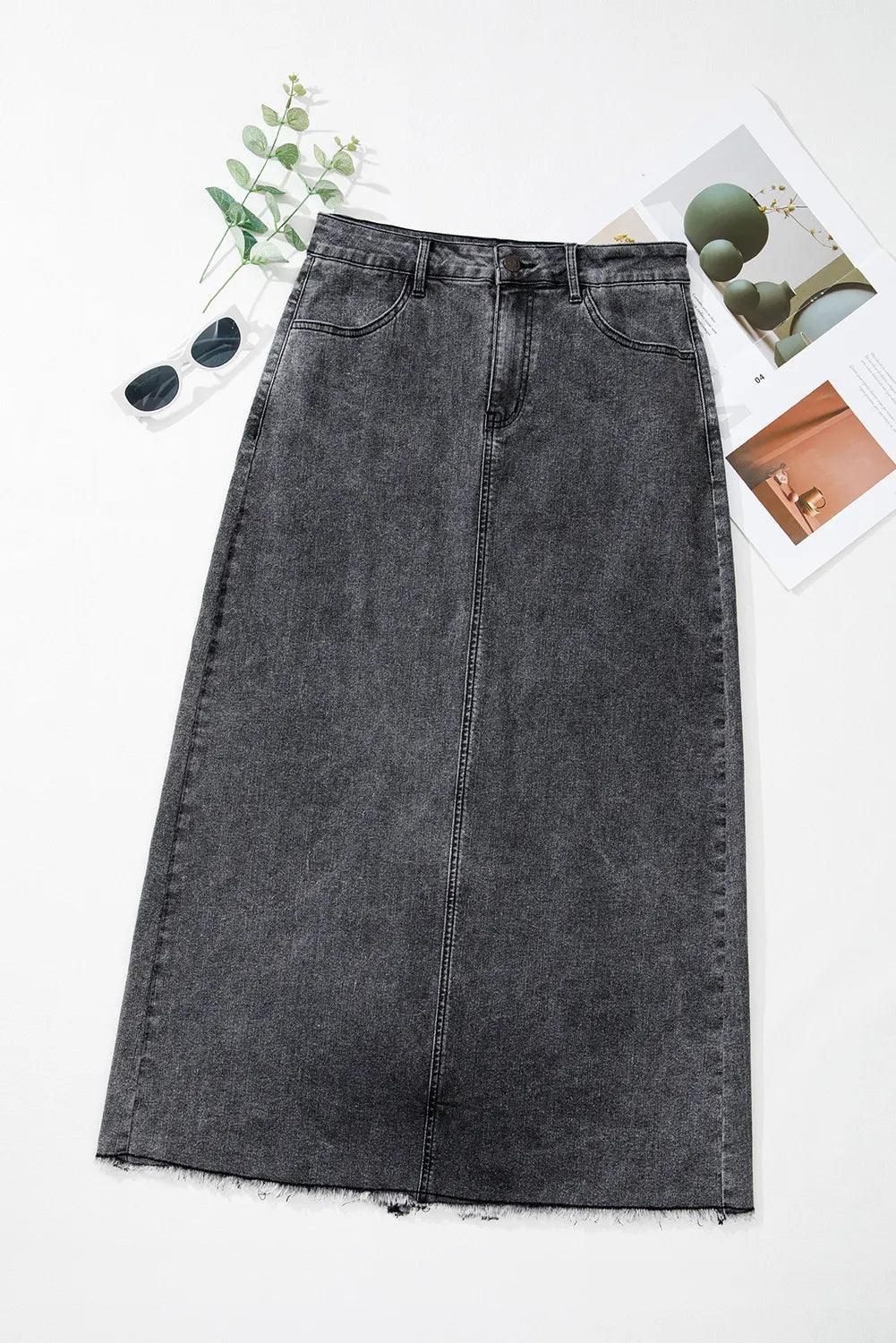 Raw Hem Midi Denim Skirt with Pockets for Women