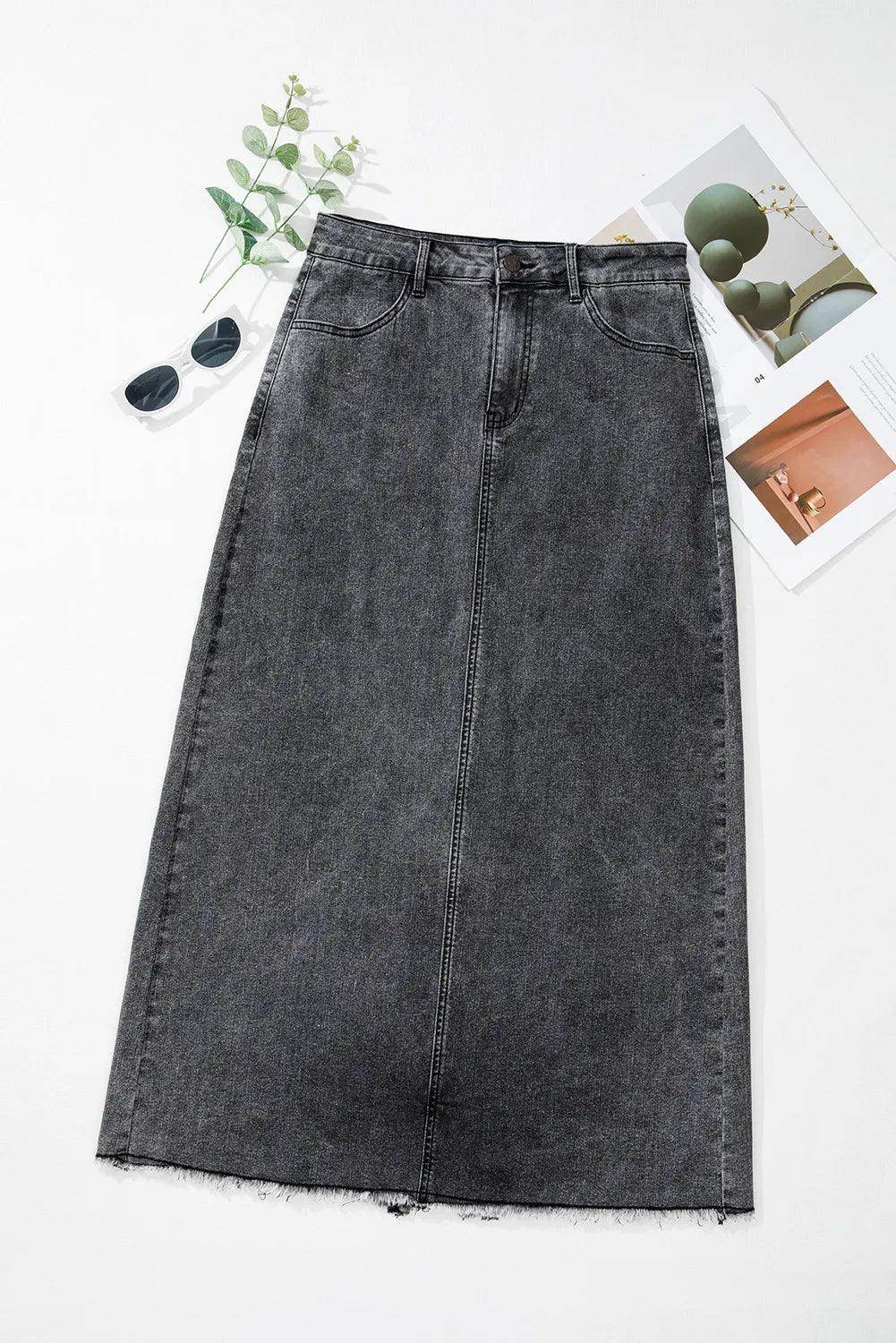 Raw Hem Midi Denim Skirt with Pockets for Women - Selvanelle