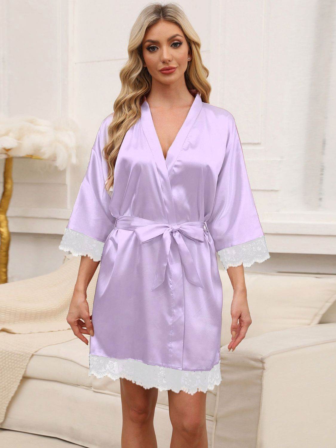 Tied Lace Detail Three-Quarter Sleeve Lounge Nightgown - Selvanelle