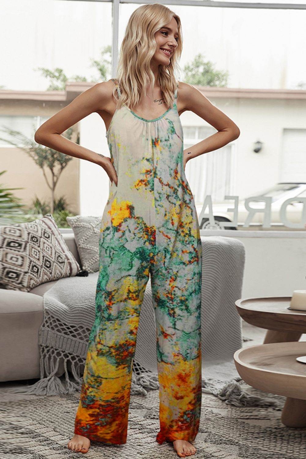 Shiny Tie-Dye Spaghetti Strap Jumpsuit with Pockets - Selvanelle