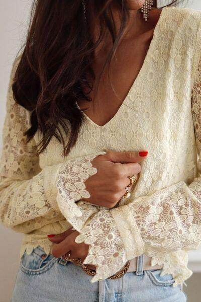 Lace Detail V-Neck Long Sleeve Blouse for Women Fashion - Selvanelle