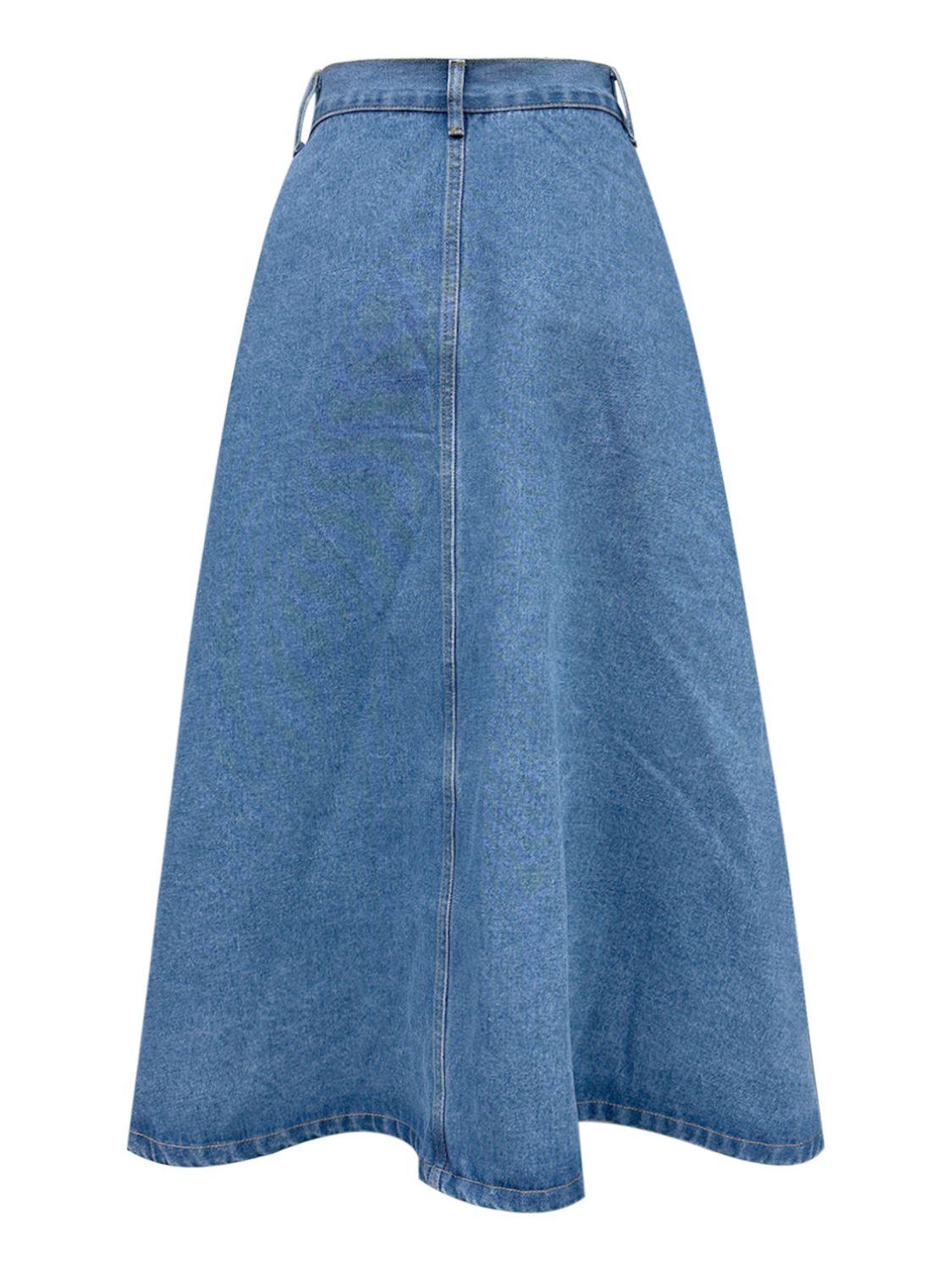 Buttoned Midi Denim Skirt with Pockets for Stylish Comfort